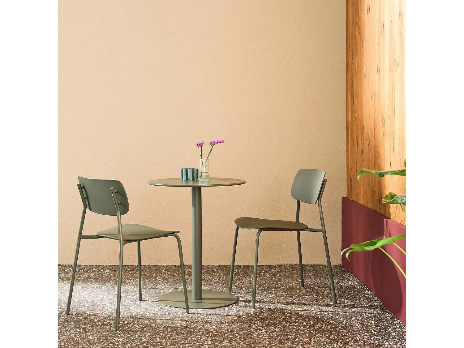 Table de jardin bistrot ronde acier + 2 assises Ø60cm kaki - Orea + Liva