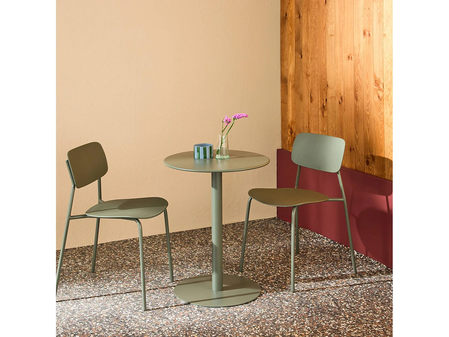 Table de jardin bistrot ronde acier + 2 assises Ø60cm kaki - Orea + Liva