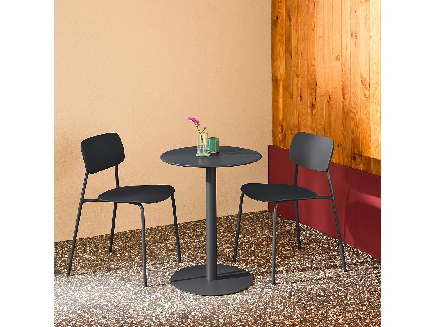 Table de jardin bistrot ronde acier + 2 assises Ø60cm anthracite - Orea + Liva