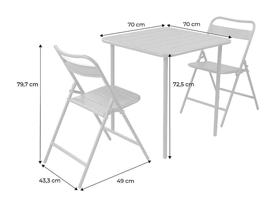 Table de jardin métal + 2 assises anthracite. Amelia 70 x 70 cm