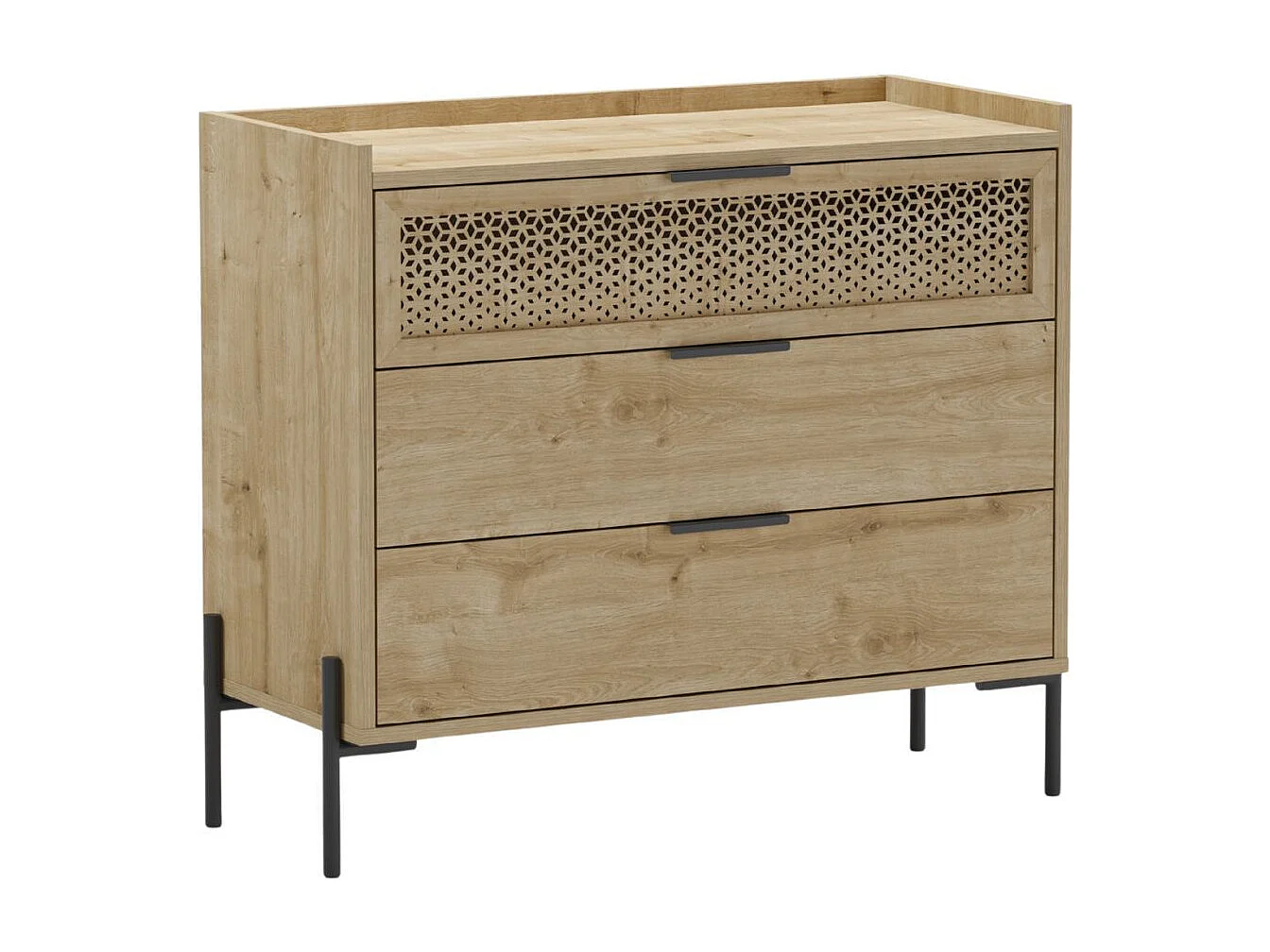 Commode 3 tiroirs dont 1 sculpté en mélaminé imitation bois clair piètement métal noir. - MELISSA