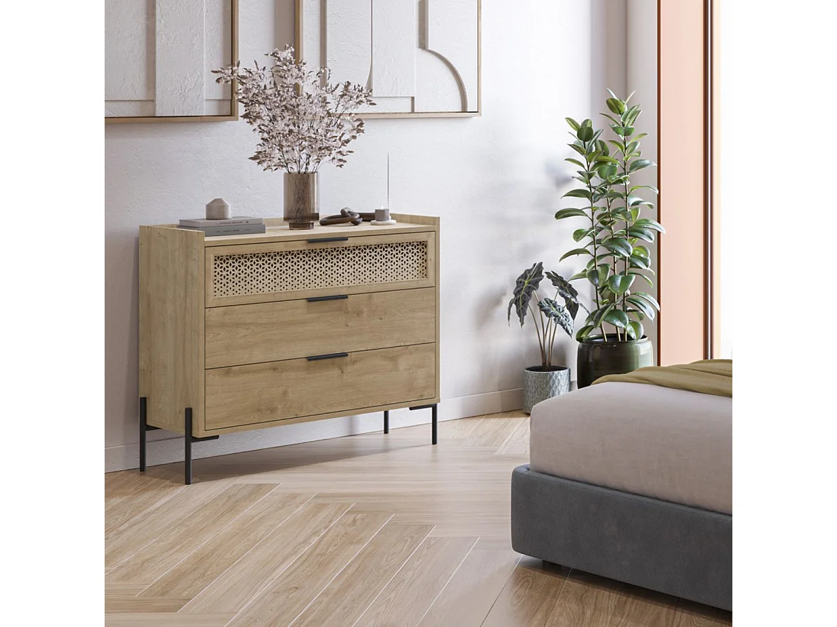 Commode 3 tiroirs dont 1 sculpté en mélaminé imitation bois clair piètement métal noir. - MELISSA