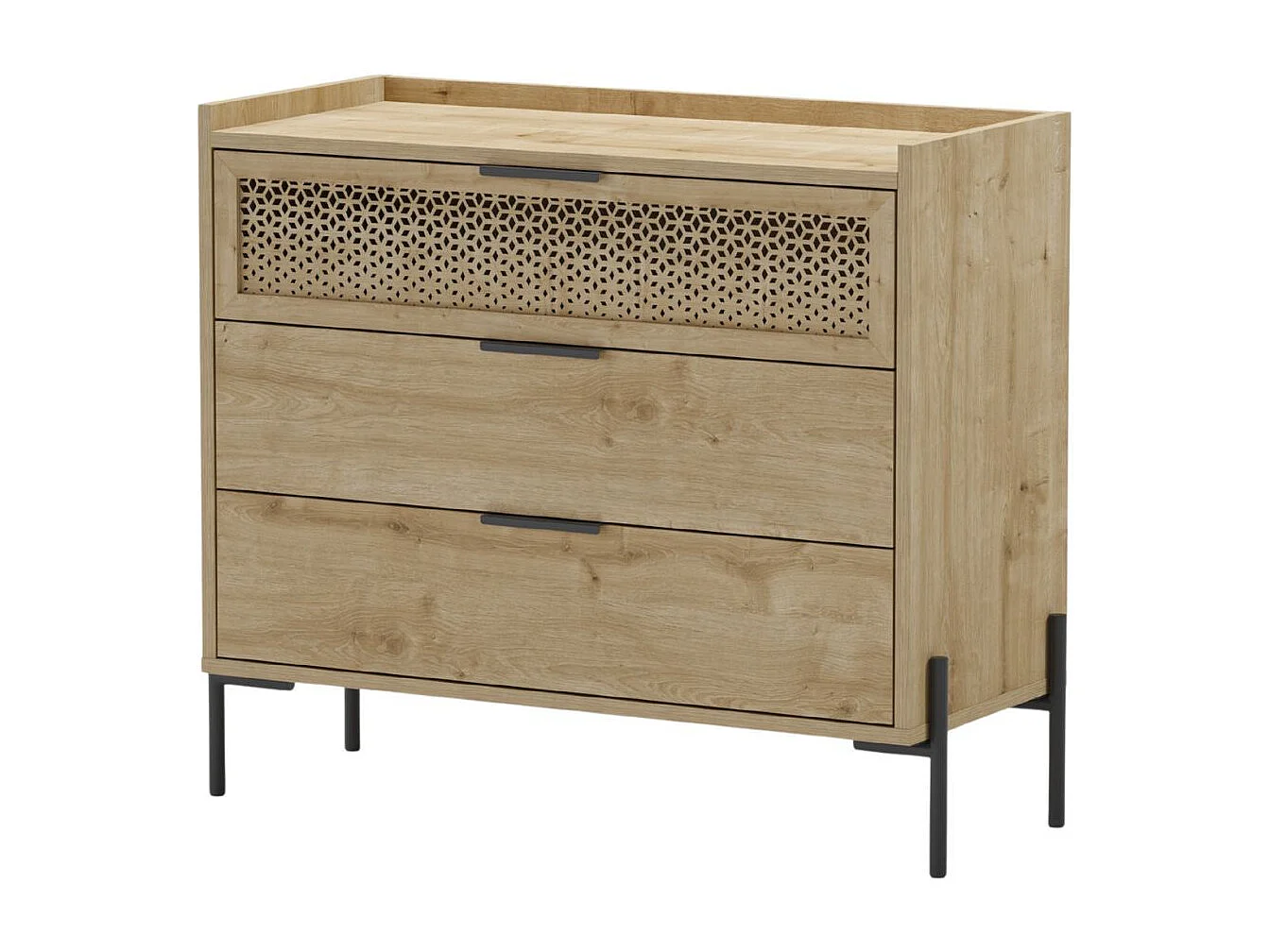 Commode 3 tiroirs dont 1 sculpté en mélaminé imitation bois clair piètement métal noir. - MELISSA