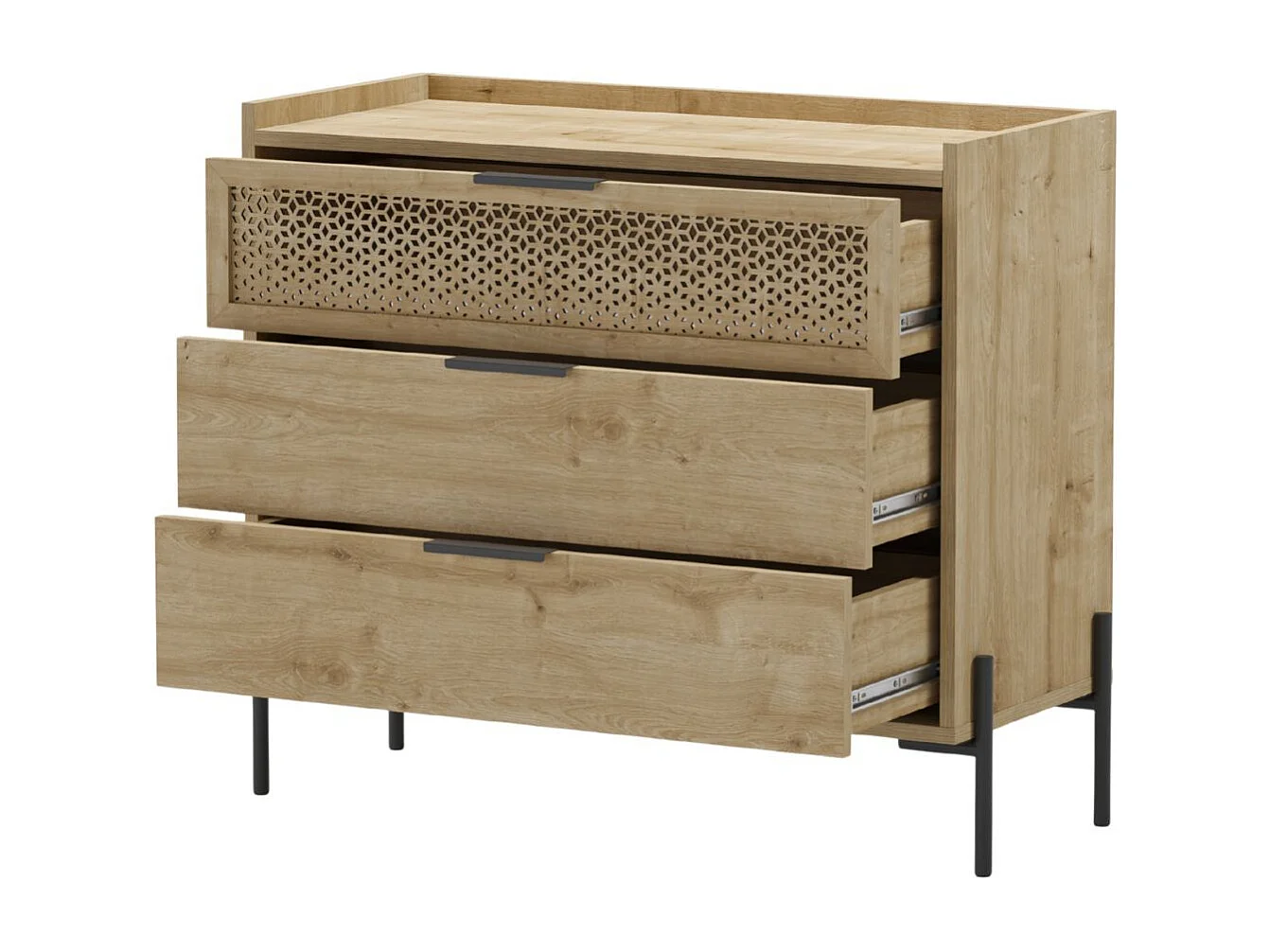 Commode 3 tiroirs dont 1 sculpté en mélaminé imitation bois clair piètement métal noir. - MELISSA