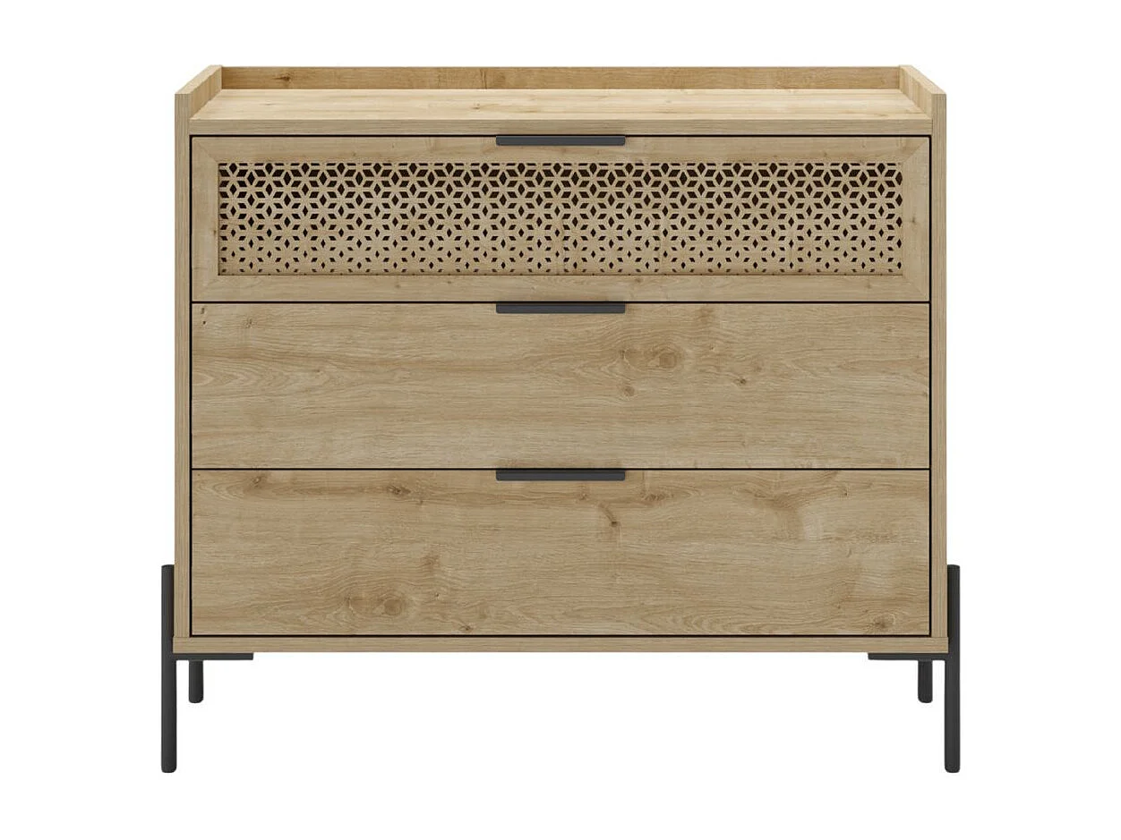 Commode 3 tiroirs dont 1 sculpté en mélaminé imitation bois clair piètement métal noir. - MELISSA