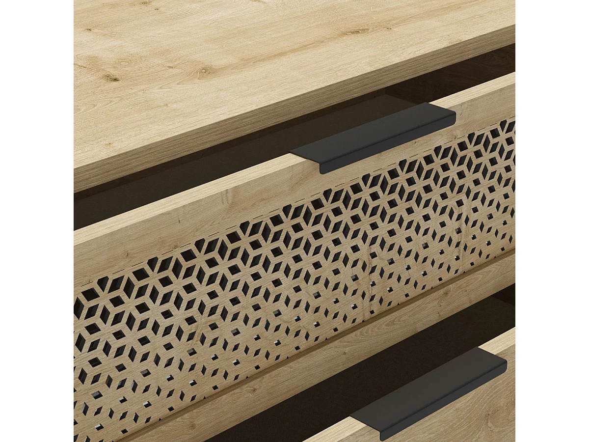 Commode 3 tiroirs dont 1 sculpté en mélaminé imitation bois clair piètement métal noir. - MELISSA