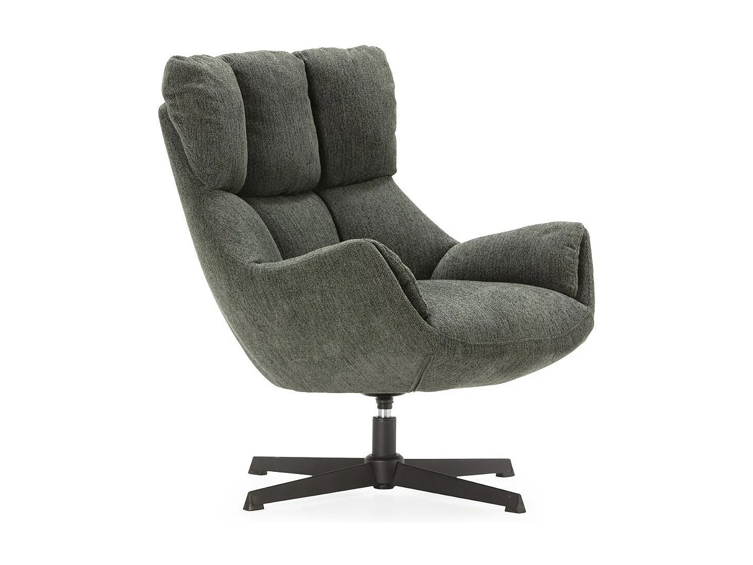 Fauteuil pivotant grand confort en tissu chenillé vert piètement métal laqué noir - LINETTE