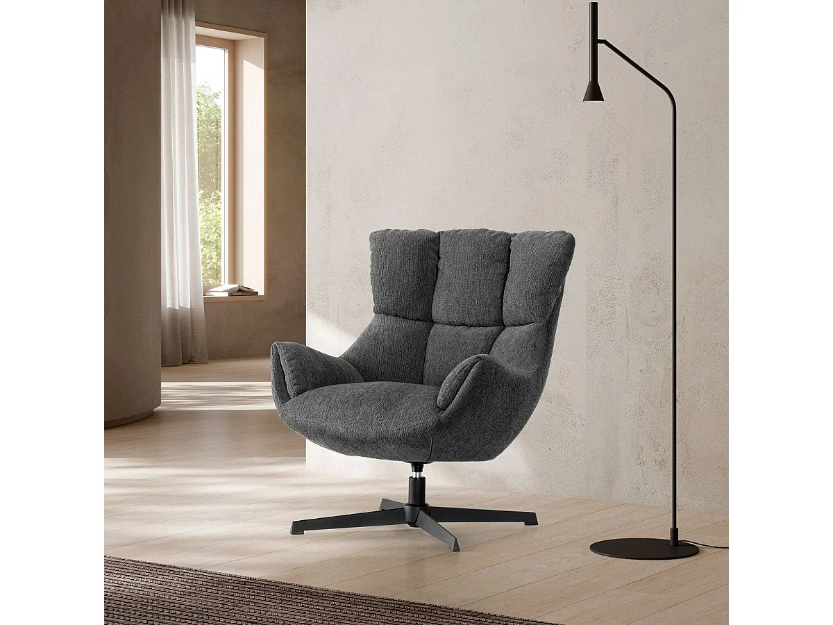 Fauteuil pivotant grand confort en tissu chenillé gris piètement métal laqué noir - LINETTE
