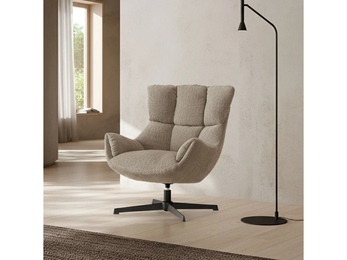 Fauteuil pivotant grand confort en tissu chenillé crème piètement métal laqué noir - LINETTE