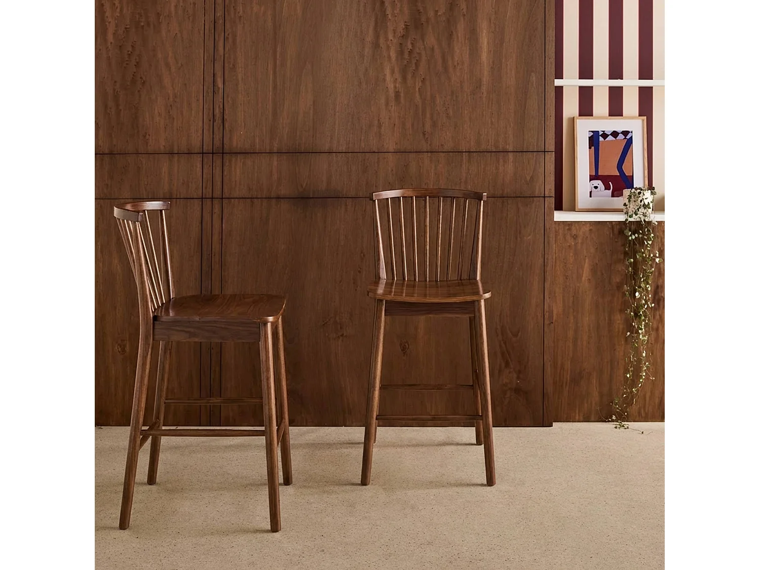 Taburete de bar con barrotes de madera de hevea, set de 2 nogal