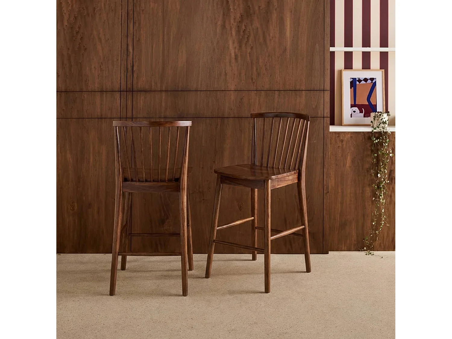 Taburete de bar con barrotes de madera de hevea, set de 2 nogal