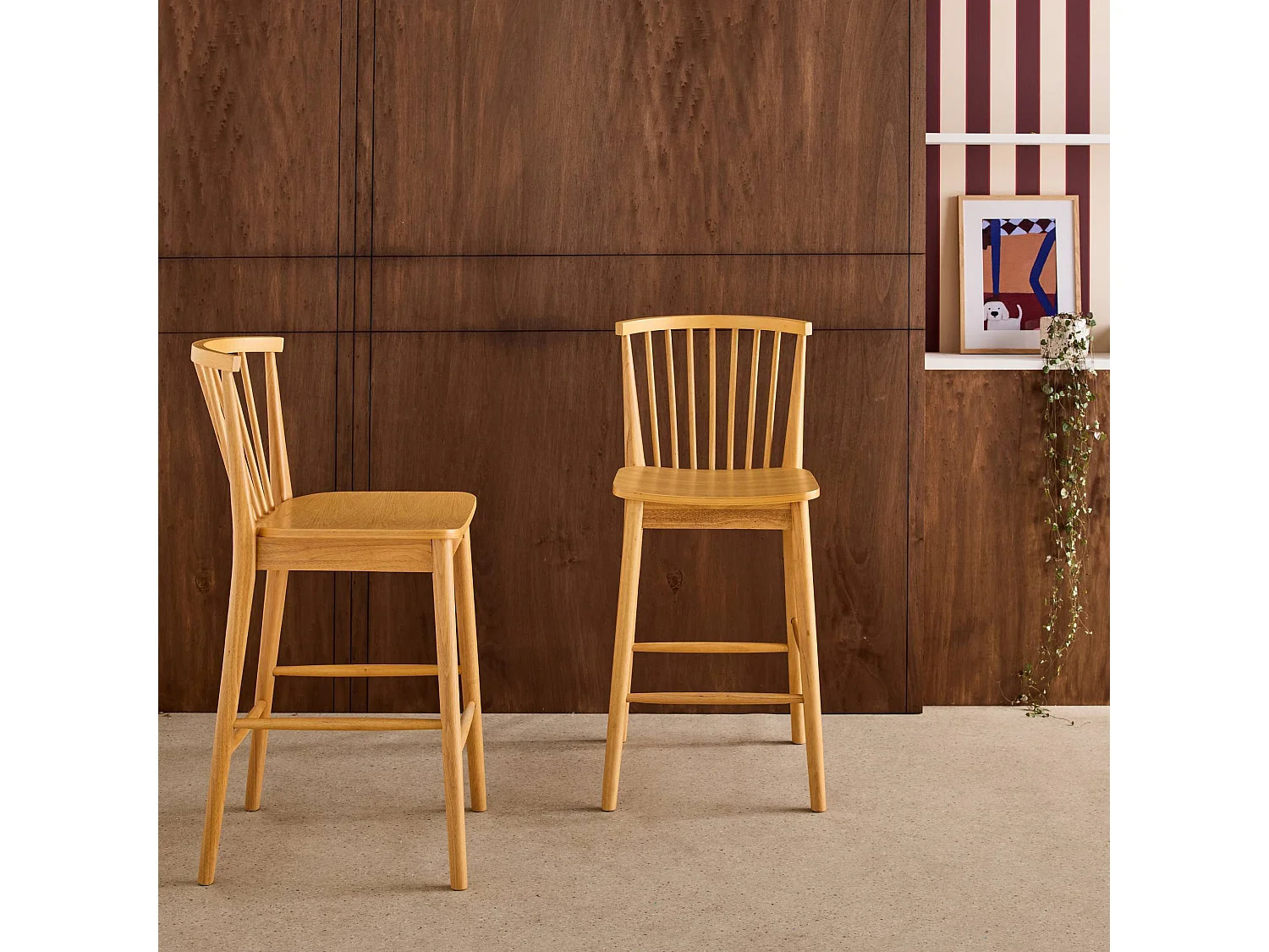 Taburete de bar con barrotes de madera de hevea, set de 2 natural