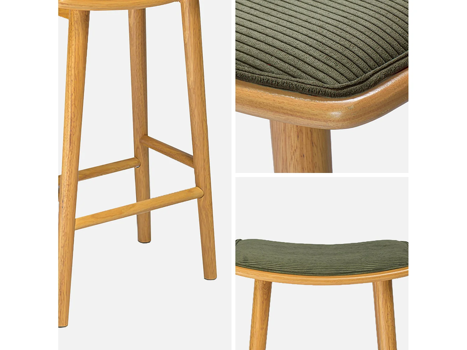 Set 2 sgabelli da bar vintage in legno di hevea e velluto a coste,