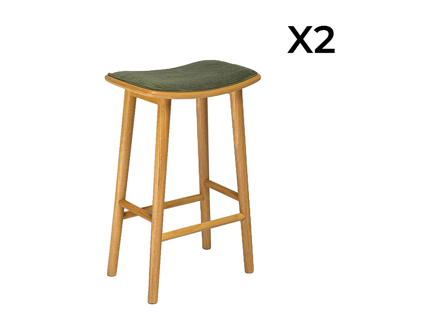 Set 2 sgabelli da bar vintage in legno di hevea e velluto a coste,