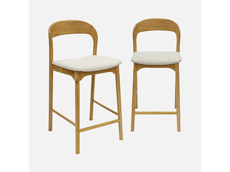 Taburete de bar vintage de madera de hevea y tela, set de 2 natural