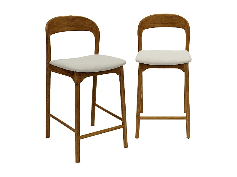 Taburete de bar vintage de madera de hevea y tela, set de 2 nogal