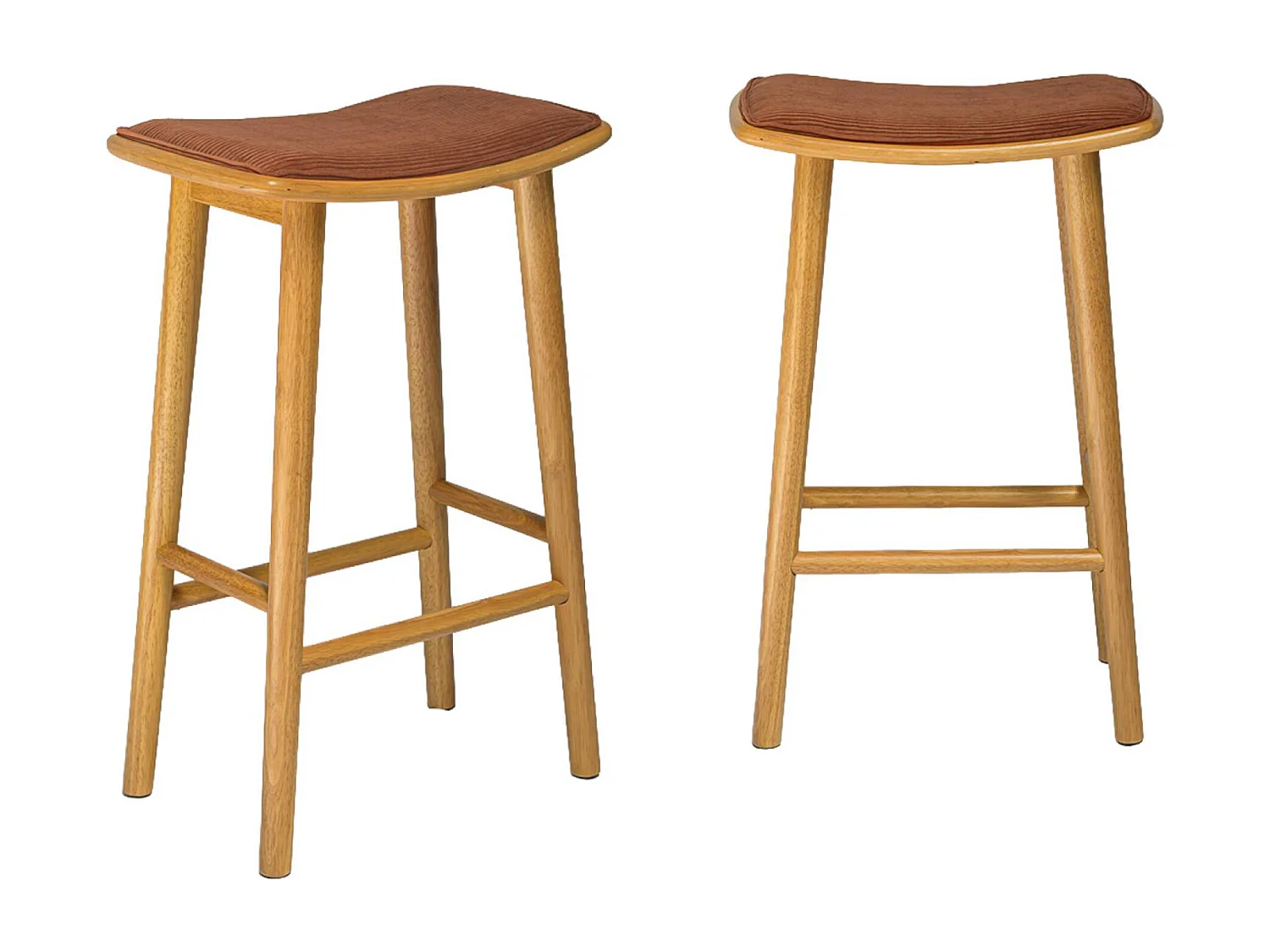 Taburete de bar vintage de madera y pana, set de 2 natural