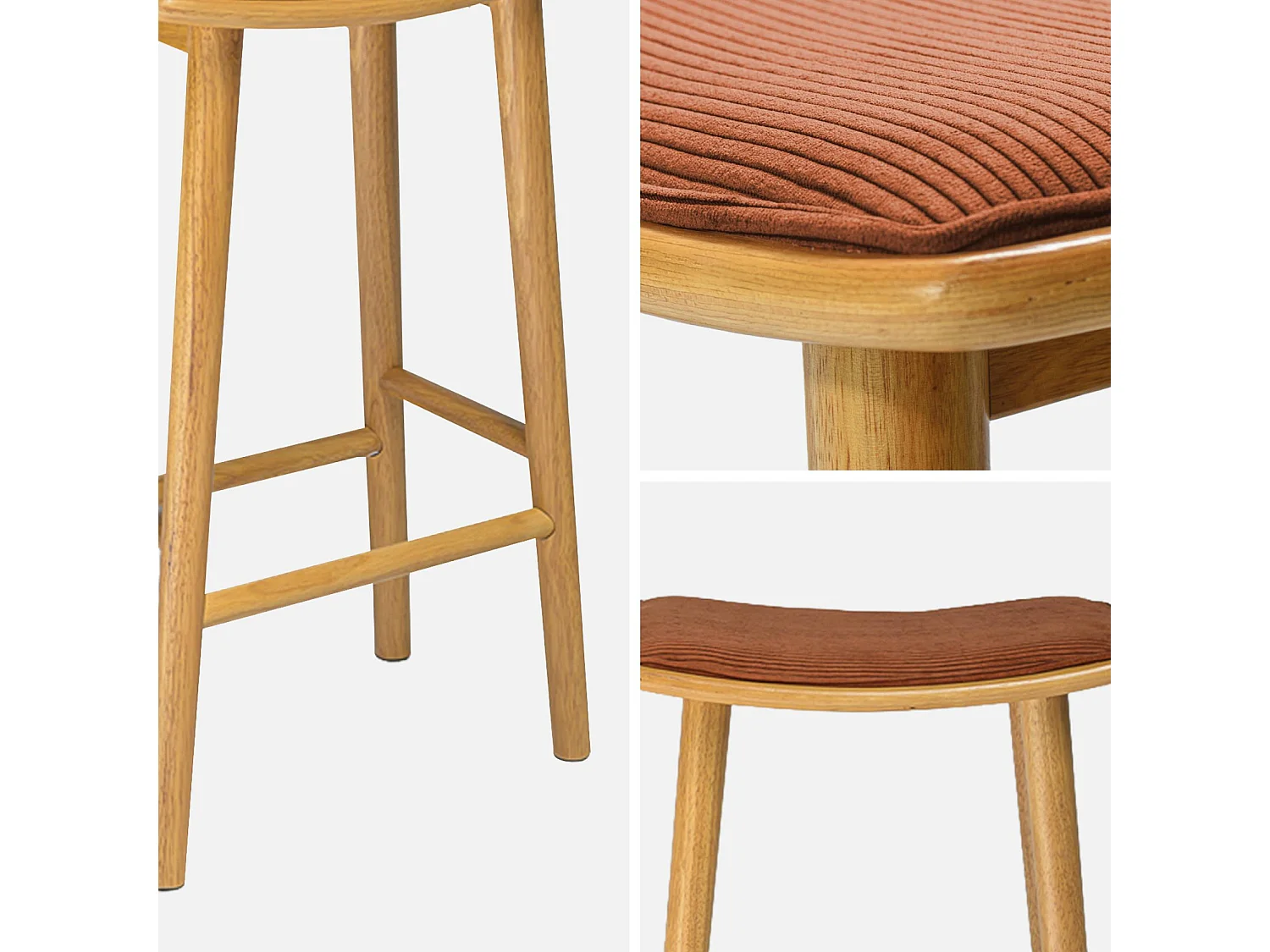 Taburete de bar vintage de madera y pana, set de 2 natural