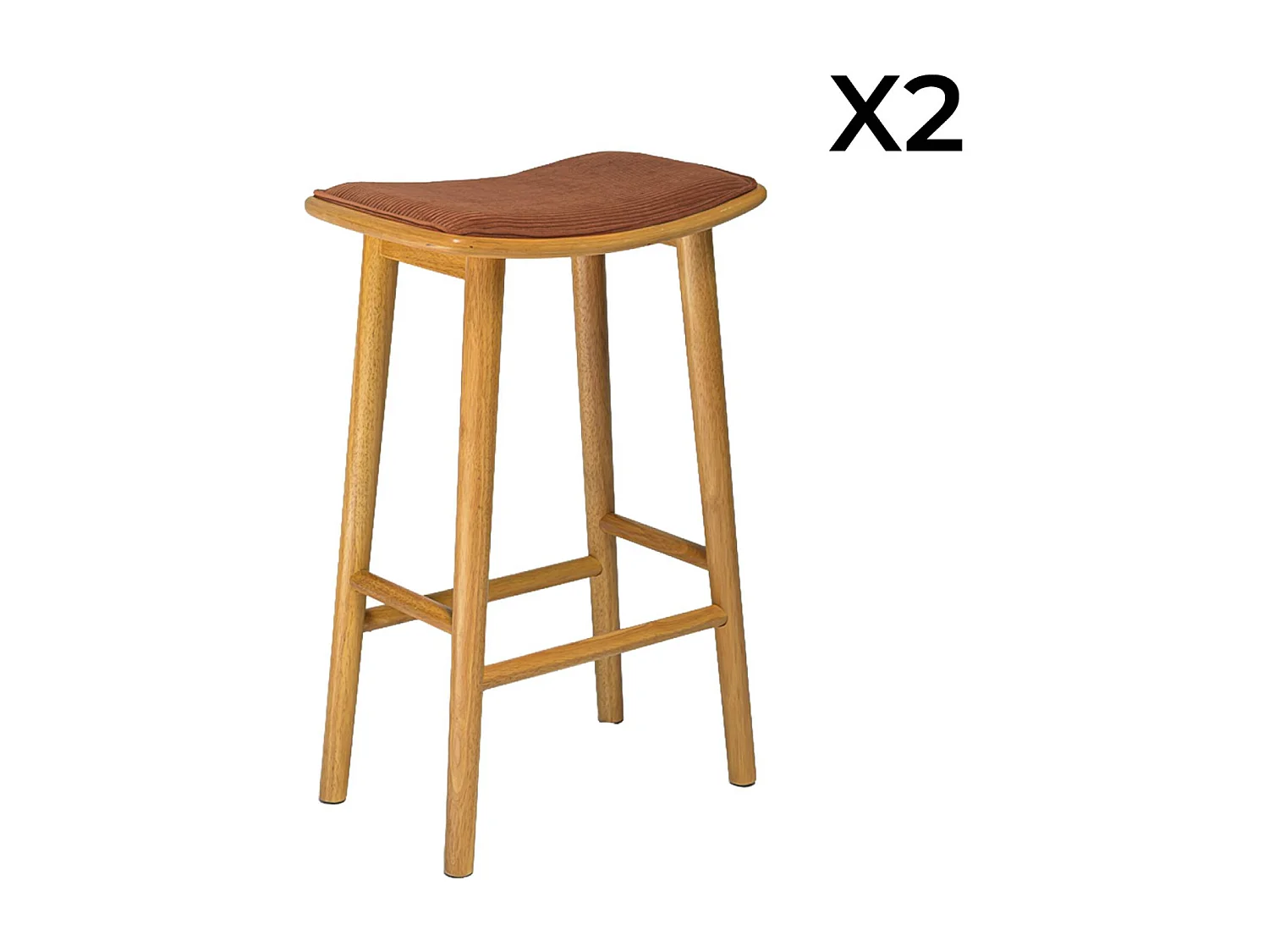 Set 2 sgabelli da bar vintage in legno di hevea e velluto a coste,