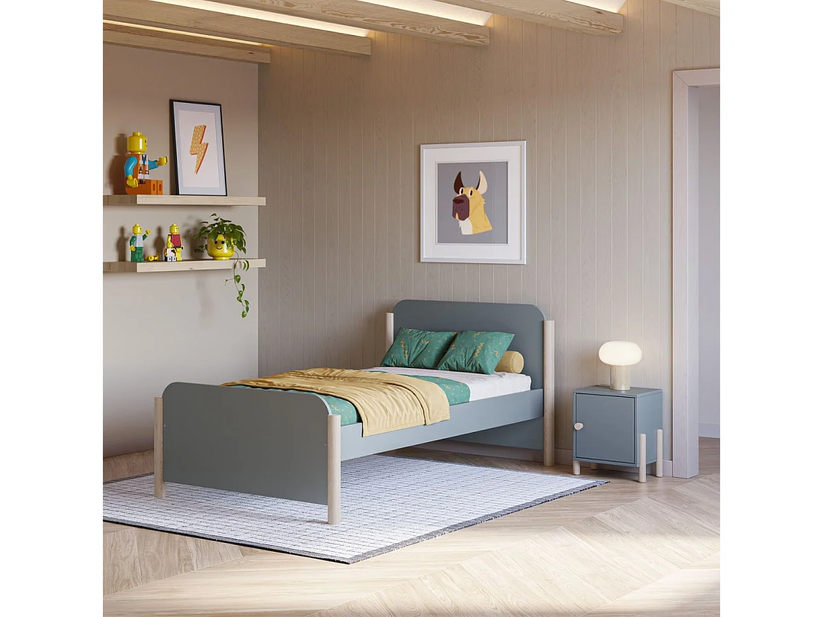 Lit 90x190 en MDF et pin massif laqué vert kaki pieds en pin naturel - ENORA