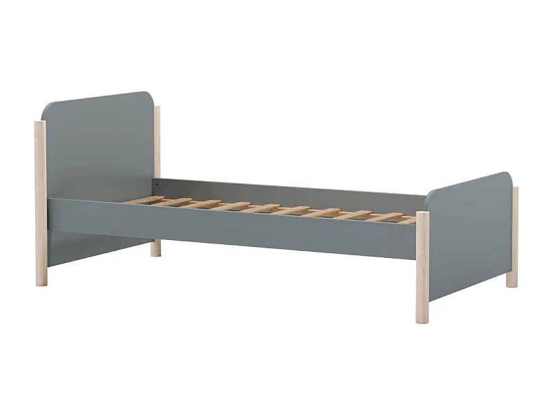 Lit 90x190 en MDF et pin massif laqué vert kaki pieds en pin naturel - ENORA