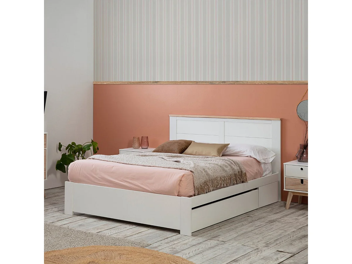 Lit 140x190cm avec tiroir en MDF et pin coloris blanc et naturel - CELAN