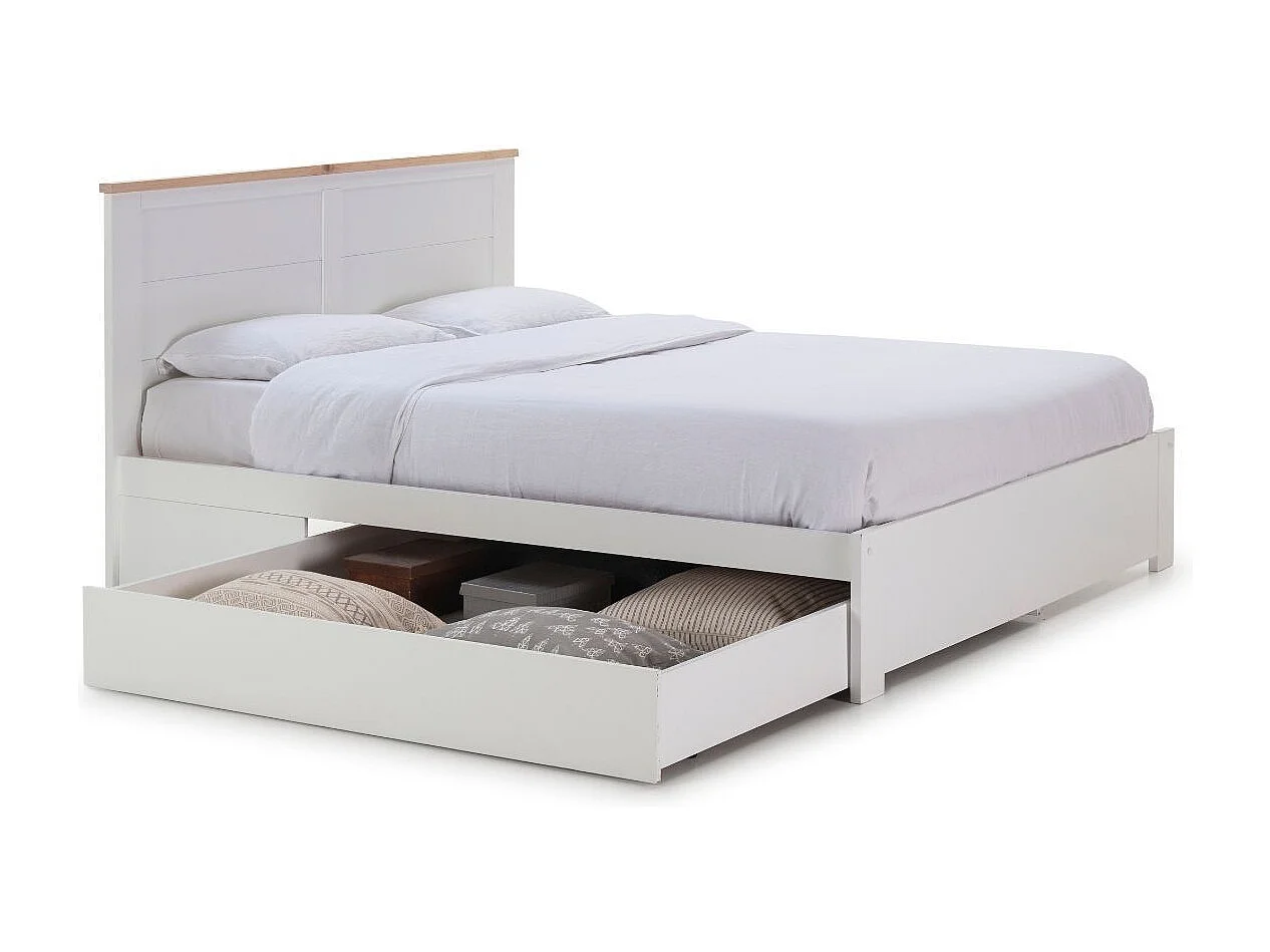 Lit 140x190cm avec tiroir en MDF et pin coloris blanc et naturel - CELAN