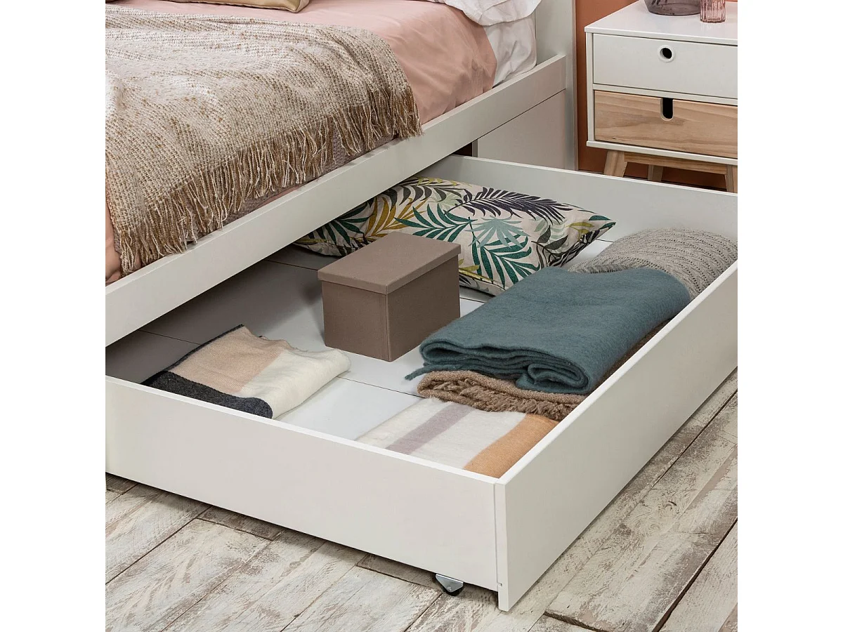 Lit 140x190cm avec tiroir en MDF et pin coloris blanc et naturel - CELAN