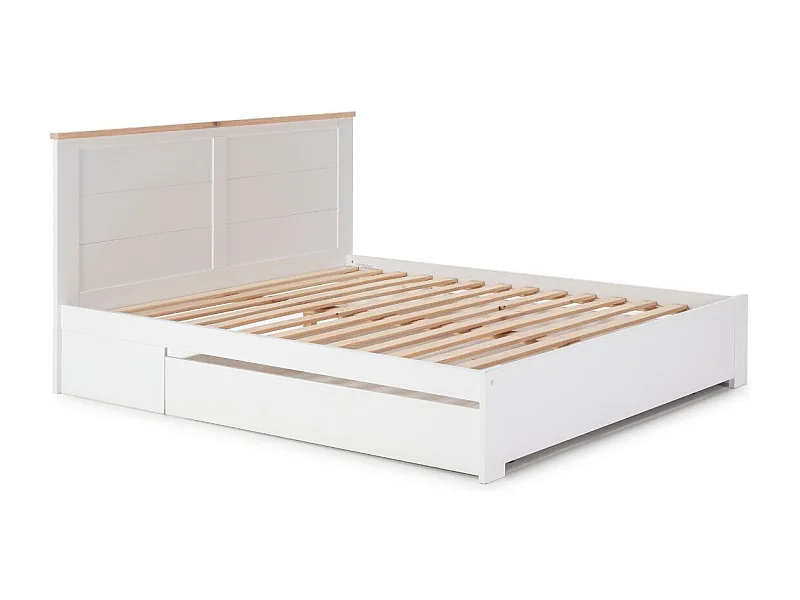 Lit 140x190cm avec tiroir en MDF et pin coloris blanc et naturel - CELAN