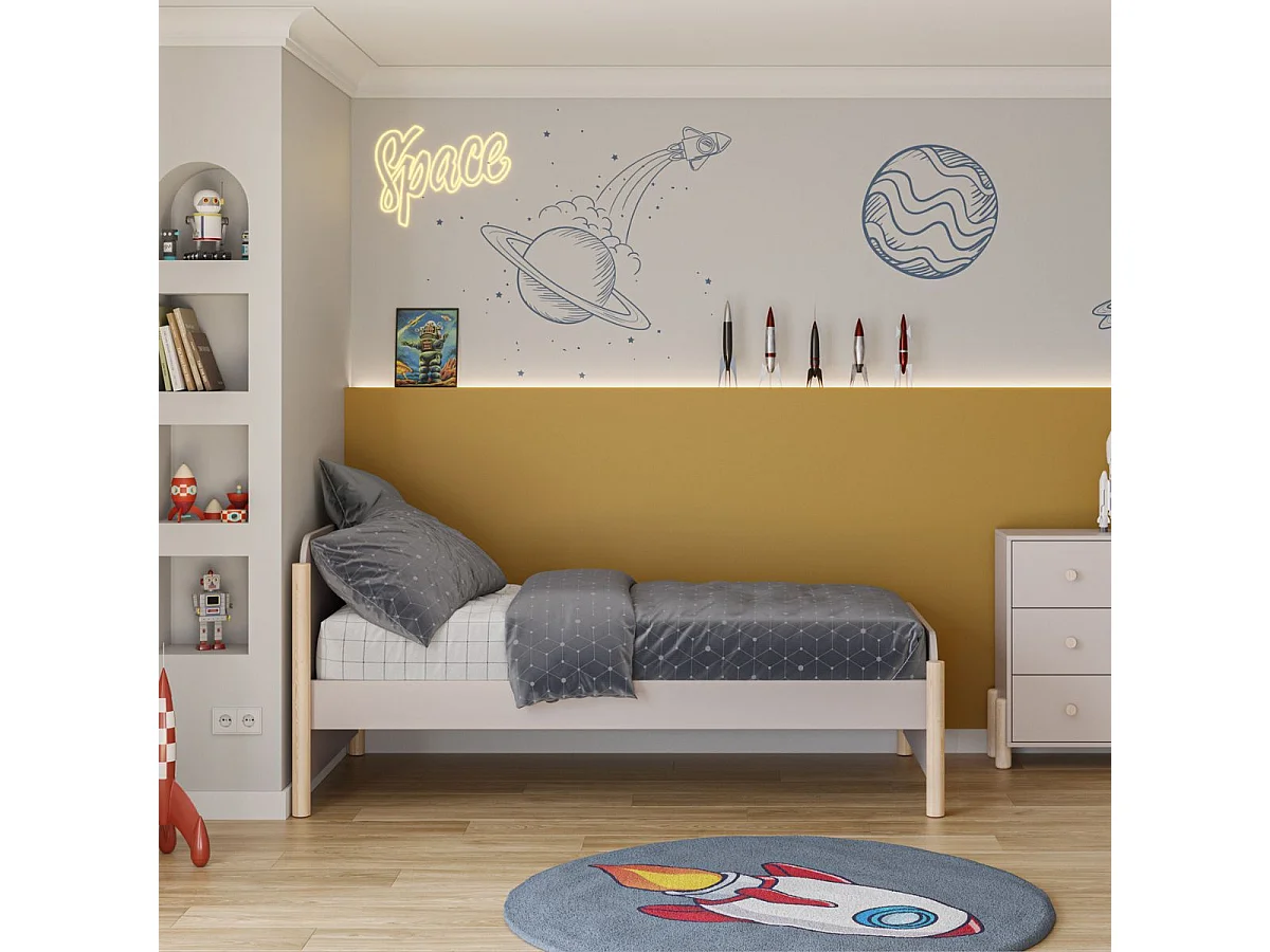 Lit 90x190 en MDF et pin massif laqué crème pieds en pin naturel - ENORA