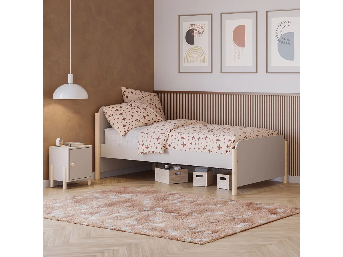 Lit 90x190 en MDF et pin massif laqué crème pieds en pin naturel - ENORA