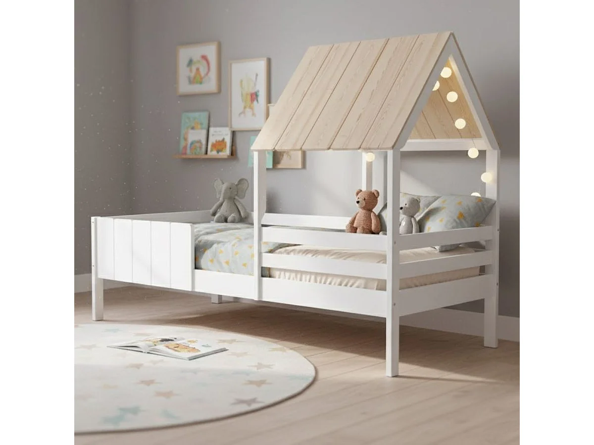 Lit à barrières 90x190 avec tête de lit cabane en MDF laqué blanc et pin naturel - NADIA