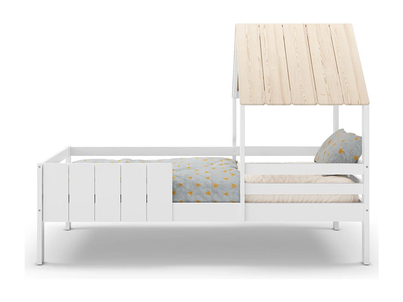 Lit à barrières 90x190 avec tête de lit cabane en MDF laqué blanc et pin naturel - NADIA