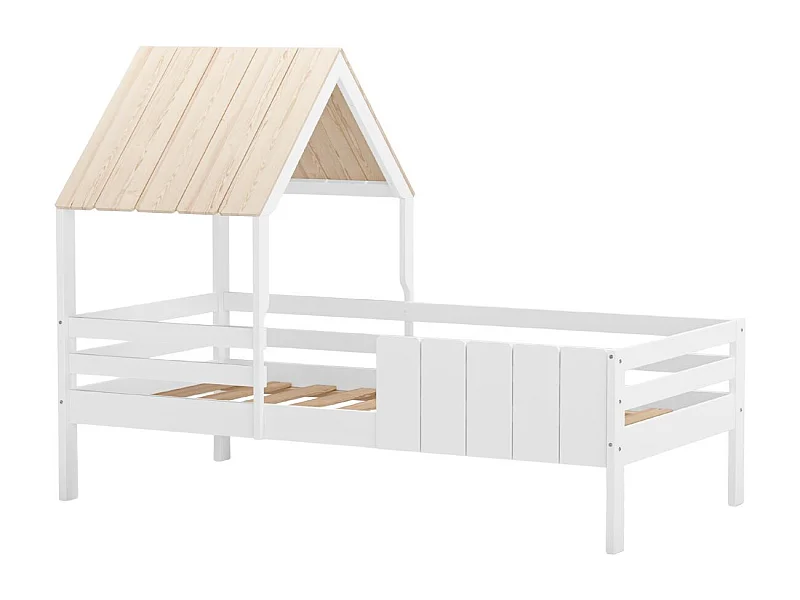 Lit à barrières 90x190 avec tête de lit cabane en MDF laqué blanc et pin naturel - NADIA