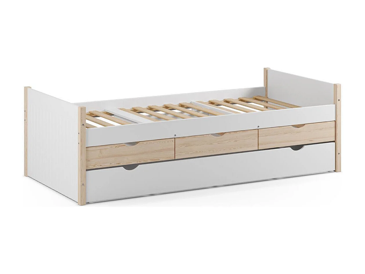 Lit gigogne 90x190 en pin massif et MDF laqué blanc avec rangement 3 tiroirs - VAKLAV