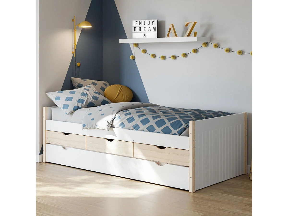 Lit gigogne 90x190 en pin massif et MDF laqué blanc avec rangement 3 tiroirs - VAKLAV