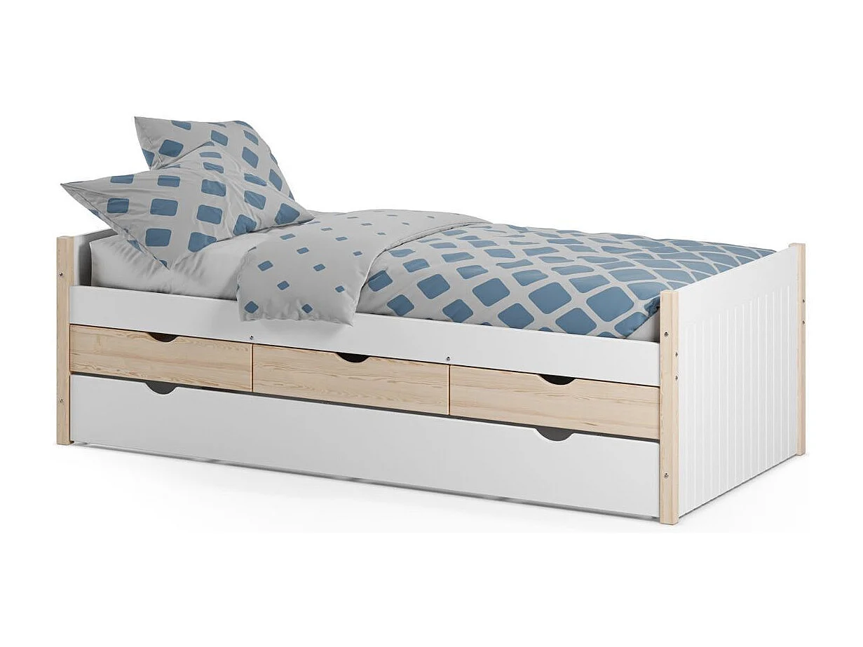 Lit gigogne 90x190 en pin massif et MDF laqué blanc avec rangement 3 tiroirs - VAKLAV