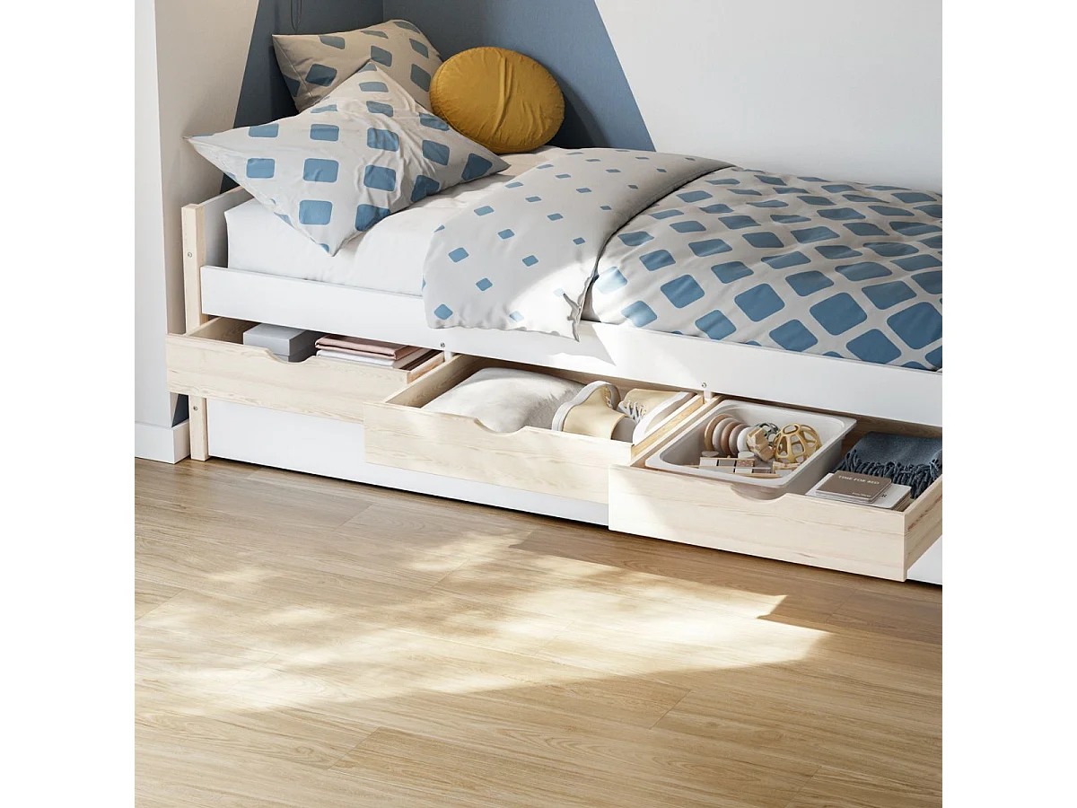 Lit gigogne 90x190 en pin massif et MDF laqué blanc avec rangement 3 tiroirs - VAKLAV