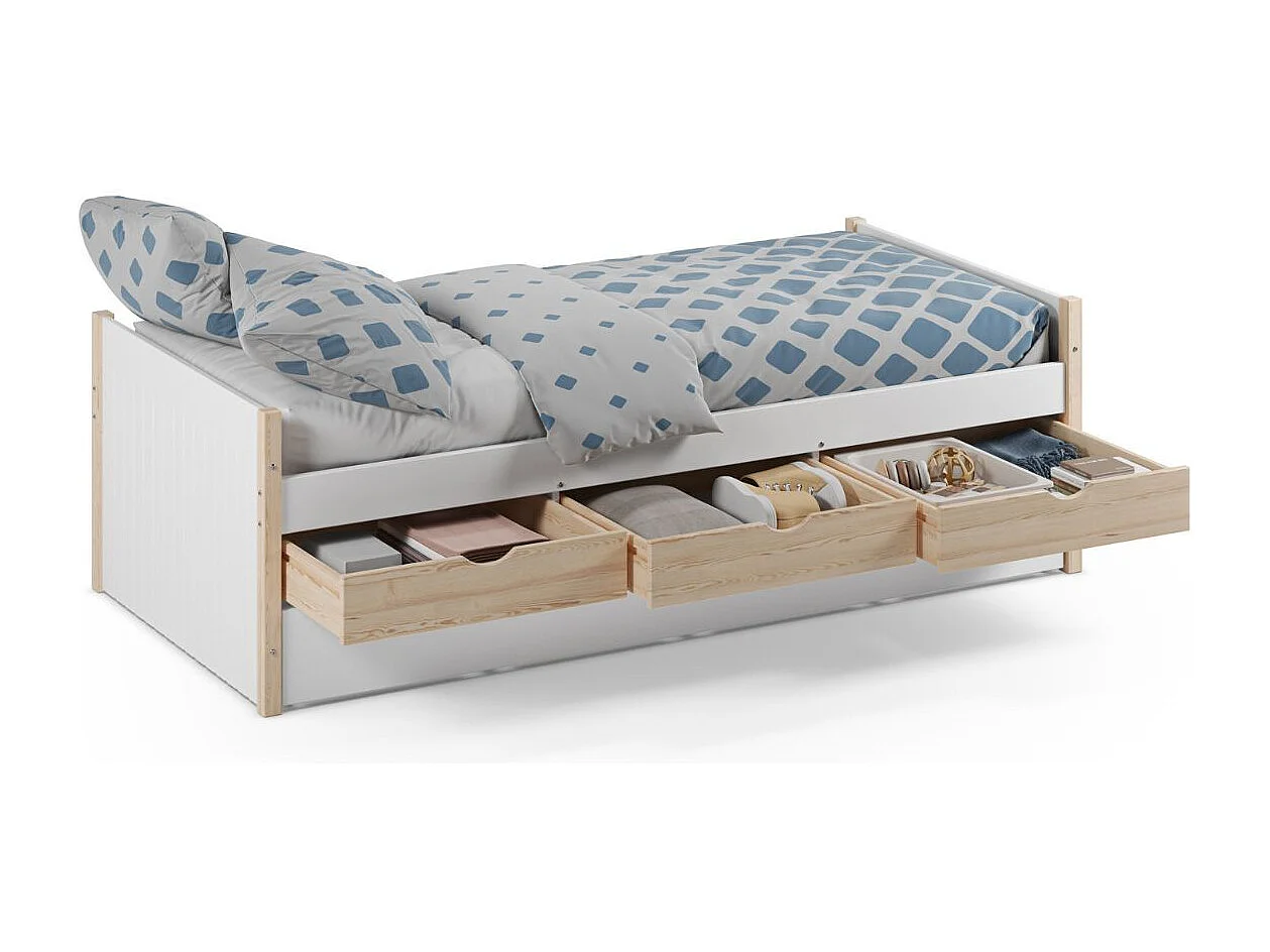 Lit gigogne 90x190 en pin massif et MDF laqué blanc avec rangement 3 tiroirs - VAKLAV