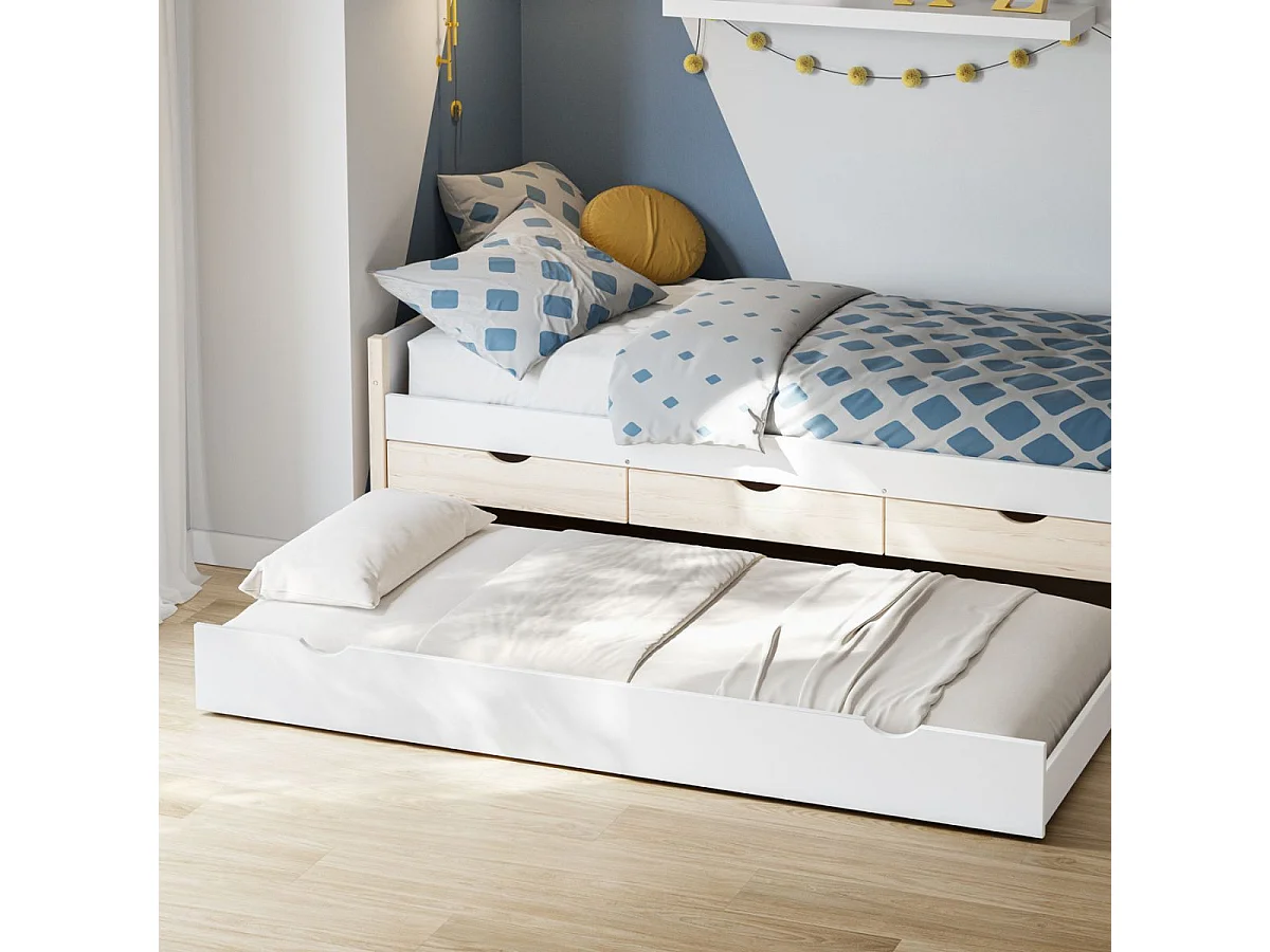 Lit gigogne 90x190 en pin massif et MDF laqué blanc avec rangement 3 tiroirs - VAKLAV