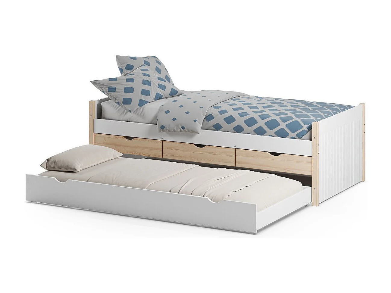 Lit gigogne 90x190 en pin massif et MDF laqué blanc avec rangement 3 tiroirs - VAKLAV