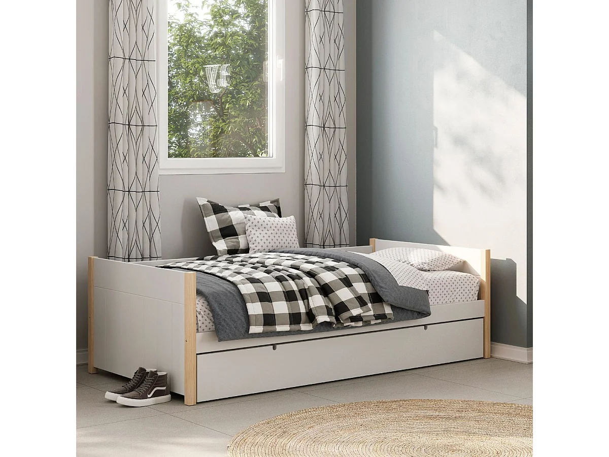 Lit banquette gigogne 90x190 en MDF laqué blanc et pin massif naturel - LILY