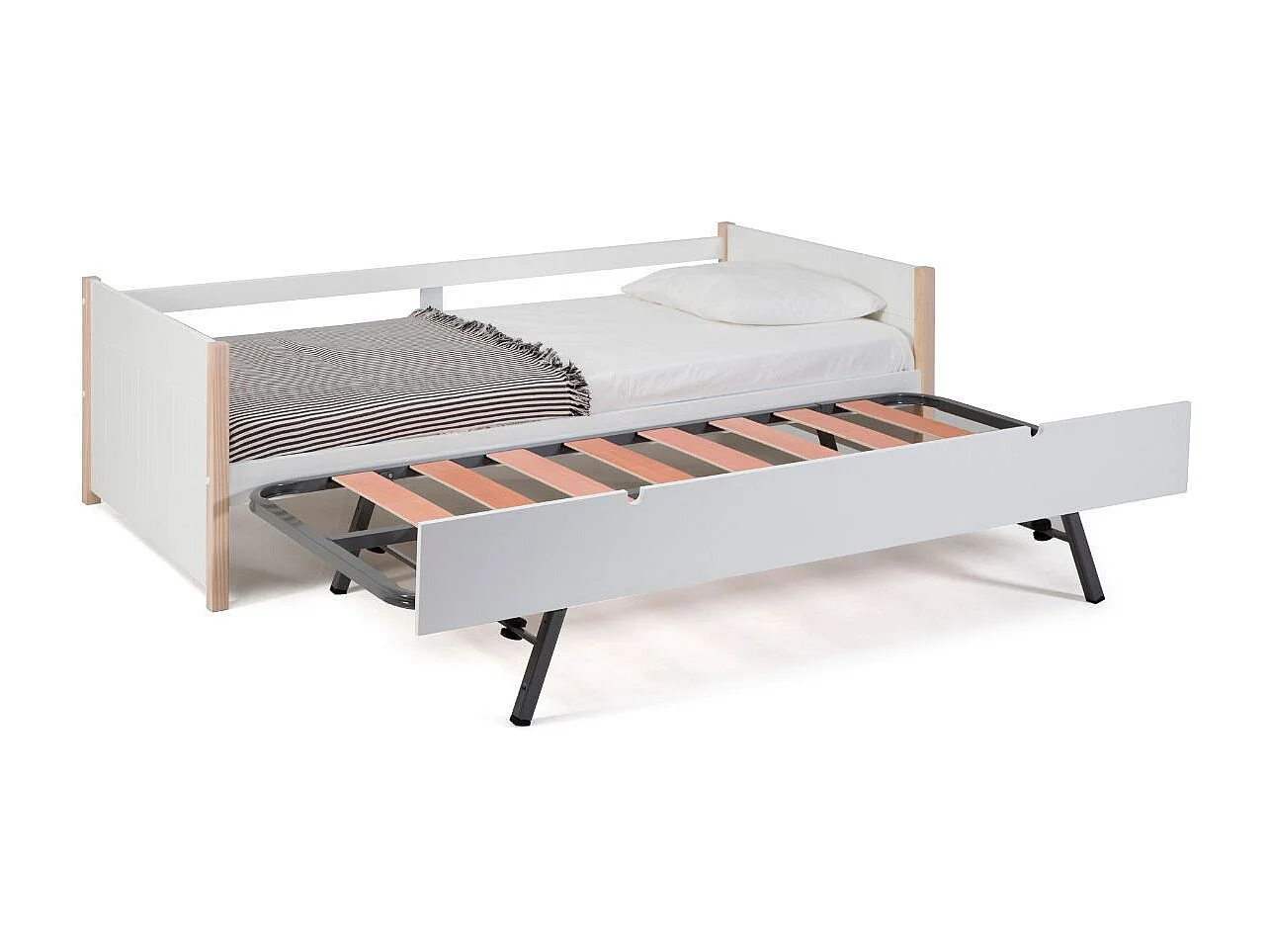 Lit banquette gigogne 90x190 en MDF laqué blanc et pin massif naturel - LILY