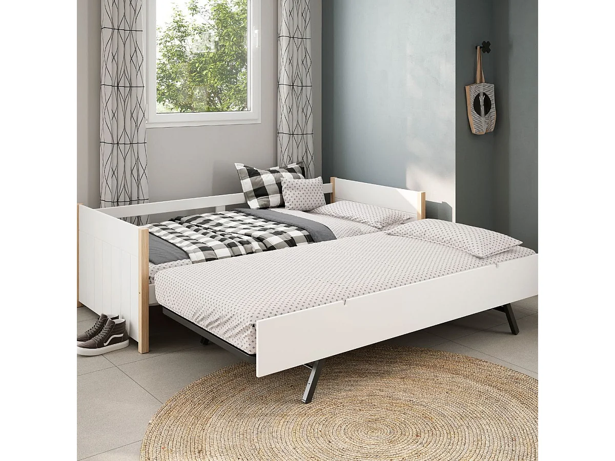 Lit banquette gigogne 90x190 en MDF laqué blanc et pin massif naturel - LILY