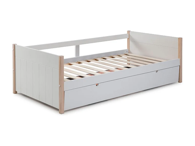 Lit banquette gigogne 90x190 en MDF laqué blanc et pin massif naturel - LILY