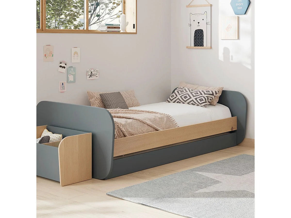 Lit 90x190 avec tiroir tête et pied de lit arrondis en pin massif naturel et MDF laqué vert kaki  - KAINA