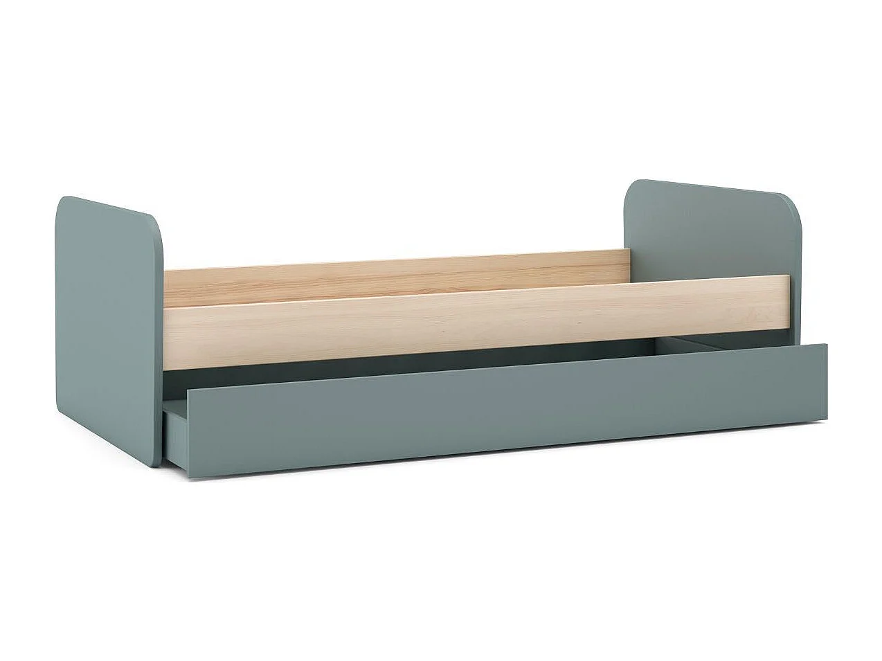 Lit 90x190 avec tiroir tête et pied de lit arrondis en pin massif naturel et MDF laqué vert kaki  - KAINA