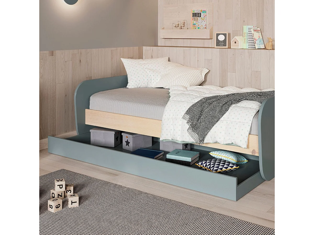 Lit 90x190 avec tiroir tête et pied de lit arrondis en pin massif naturel et MDF laqué vert kaki  - KAINA