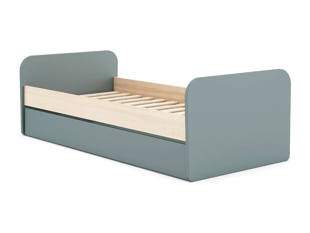 Lit 90x190 avec tiroir tête et pied de lit arrondis en pin massif naturel et MDF laqué vert kaki  - KAINA