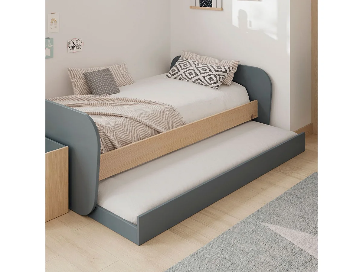 Lit 90x190 avec tiroir tête et pied de lit arrondis en pin massif naturel et MDF laqué vert kaki  - KAINA